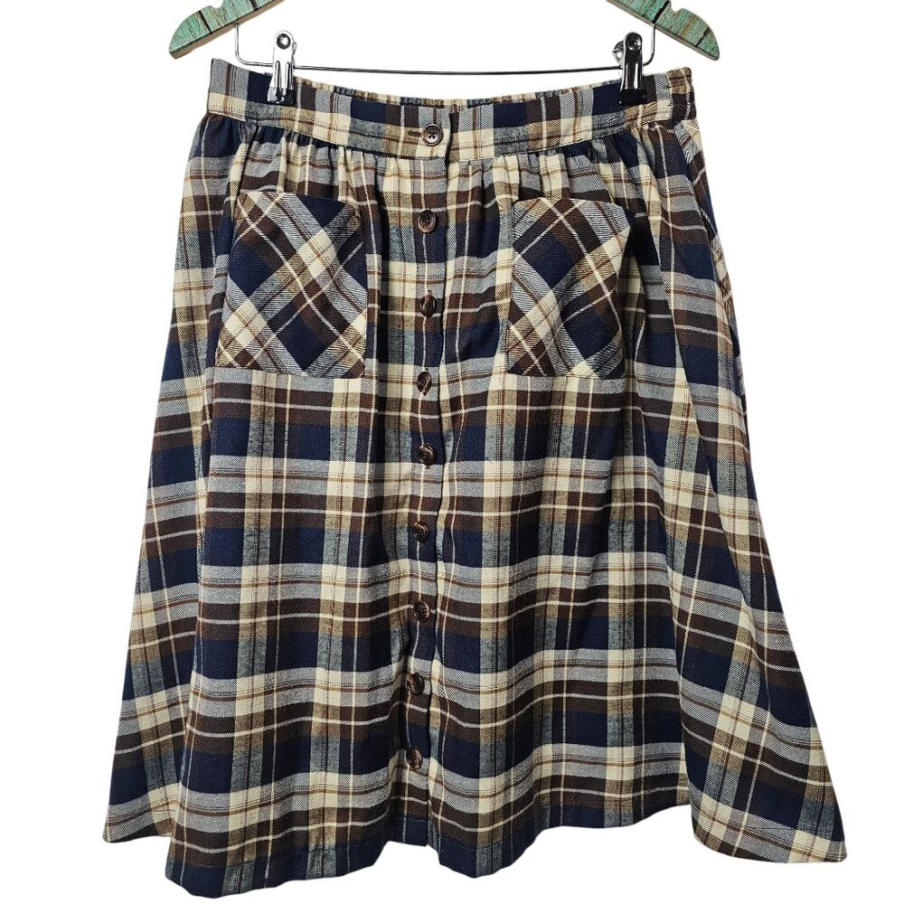 ModCloth Plaid Pocket Button Front A-Line Lined Skirt, Sz L